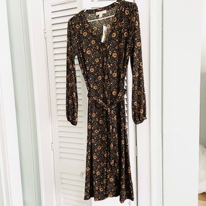 NWT Michael Kors Belted Button Down Dress / Black and Marigold / Medium
